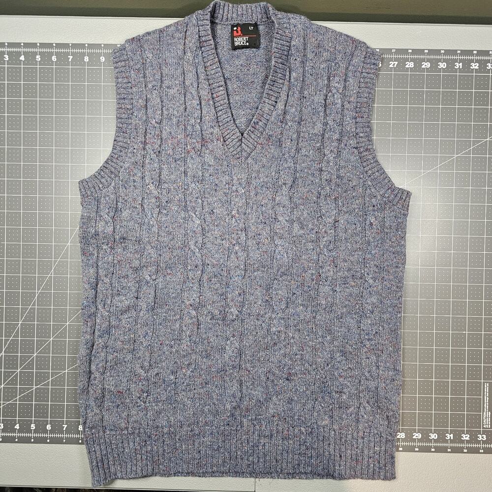 Vintage Robert Bruce Sweater Vest Large Tall Gray Wool Golf Donegal Cable Knit